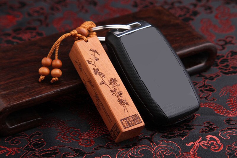 Yanting Flower Keychains For Keys Plum Bamboo And Chrysanthemum Carved Women Key Chain Peach Wood Car Keychain Gift New 009 (3)